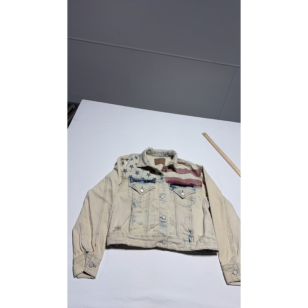 BLANKNYC Distressed American Flag Denim Jacket Beige Vintage Style Small